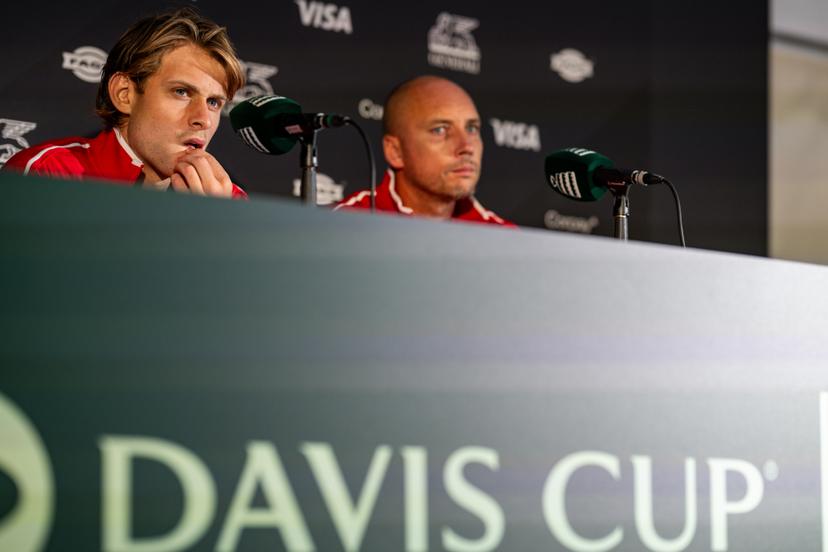 Belgian Zizou Bergs and Belgian captain Steve Darcis pictured during a press conference after winning a tennis match between Austrian Neumayer and Belgian Bergs, the second rubber in the tie between Austria and Belgium, qualifiers for the Davis Cup tournament, on Friday 18 September 2026 in Vienna, Austria. BELGA PHOTO DAVID PINTENS