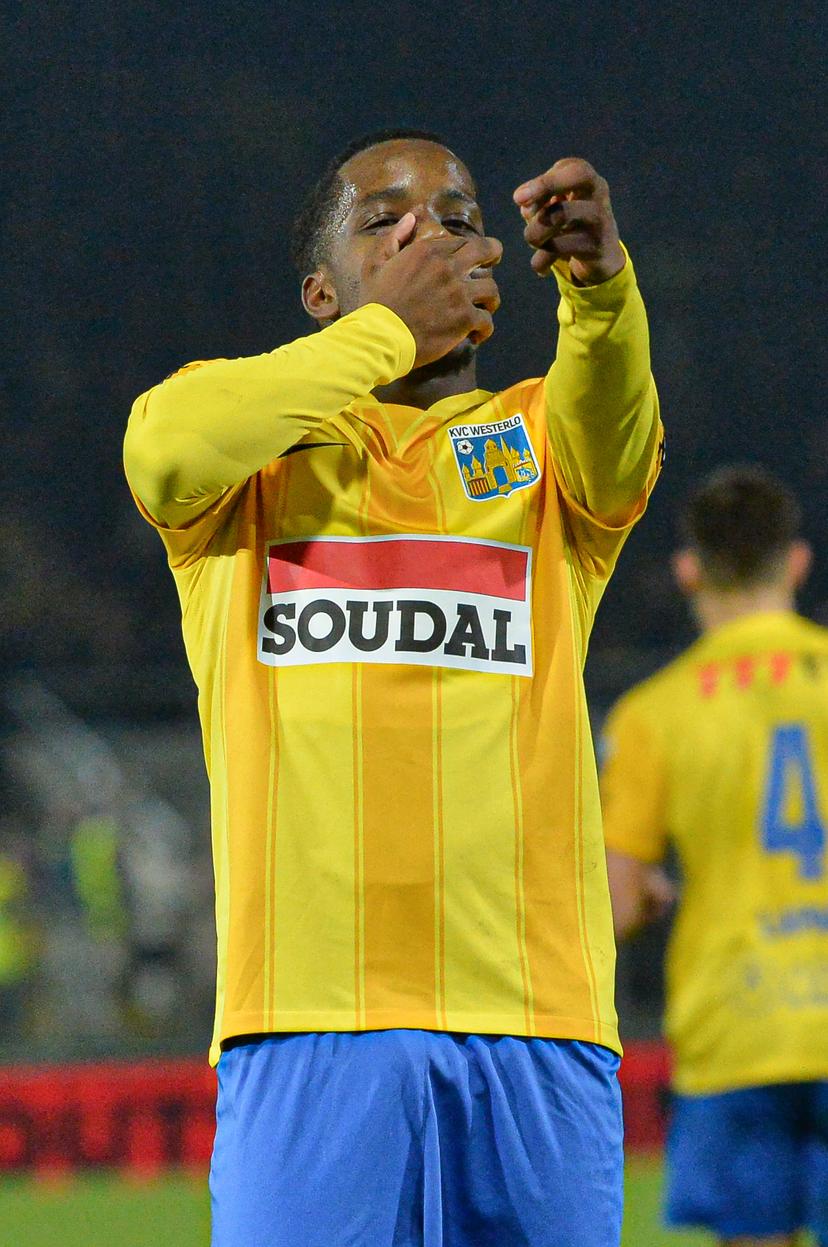 Westerlo's Adedire Mebude celebrates after scoring during a soccer match between KVC Westerlo and Raal La Louviere, Saturday 20 December 2025 in Westerlo, on day 19 of the 2025-2026 'Jupiler Pro League' first division of the Belgian championship. BELGA PHOTO JILL DELSAUX