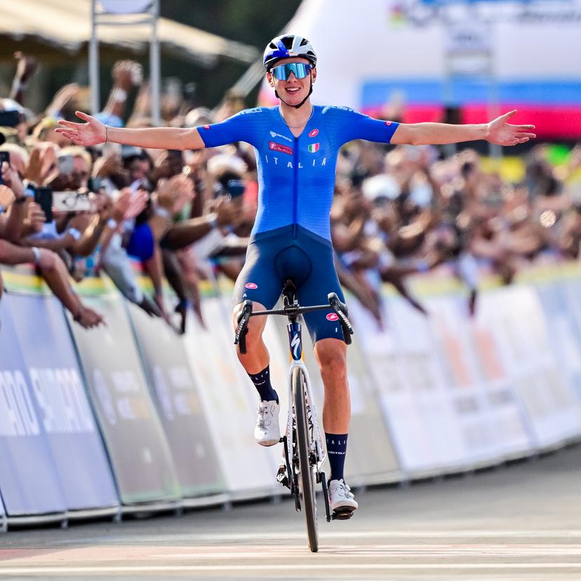 Italian Lorenzo Finn celebrates as he crosses the finish line to win the u23 men road race (164,6 km) at the cycling road World Championships in Kigali, Rwanda, Friday 26 September 2025. The 2025 UCI Road World Championships take place from 21 to 28 September in Kigali, Rwanda. BELGA PHOTO DIRK WAEM