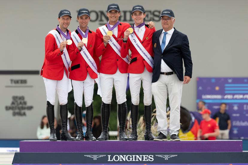 ATTENTION EDITORS - HANDOUT PICTURES - EDITORIAL USE ONLY - MANDATORY CREDIT MANDATORY CREDIT DIRK CAREMANS  Handout picture released on Friday 19 July, by Dirk Caremans shows The Belgian showjumping team with Devos Pieter, Thomas Gilles, Philippaerts Nicola, Spits Thibault and Weinberg Peter, who claimed the gold medal on Friday evening in La Coruna, Spain, at the European Championship for Nations.  Belga and Belga Editorial Board decline all responsibility regarding the content of this picture. HAND OUT DIRK CAREMANS