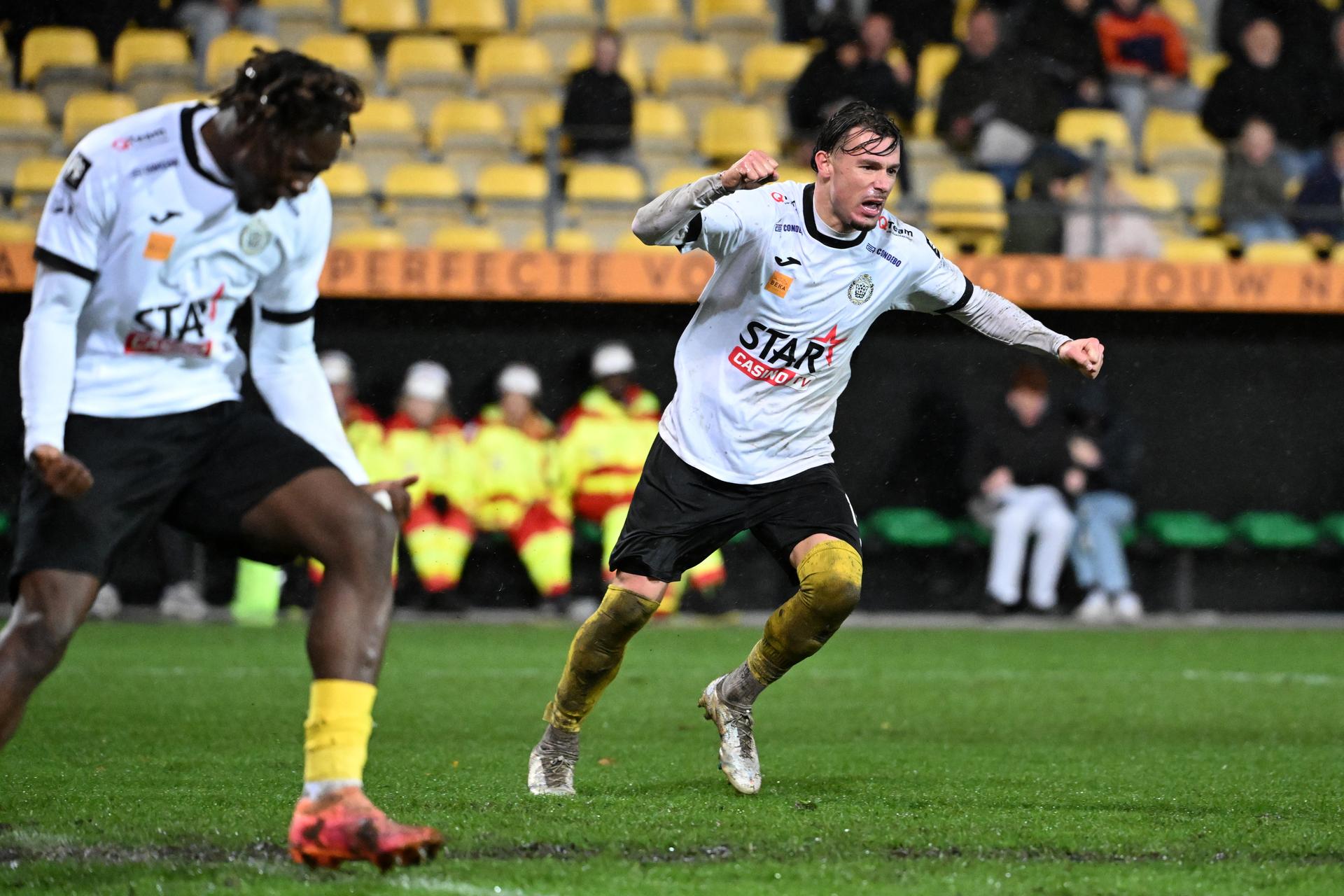 Lokeren's Matias Lloci celebrates after scoring the 2-0 goal during a soccer match between KSC Lokeren and Jong Gent, Saturday 24 October 2026 in Lokeren, on day 8 of the 2026-2027 'Challenger Pro League' 1B second division of the Belgian championship. BELGA PHOTO MAARTEN STRAETEMANS
