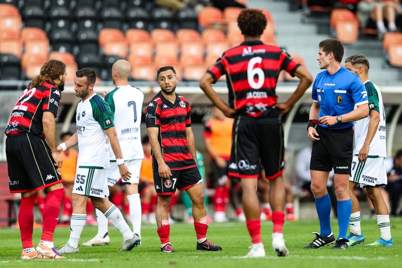 Seraing's Anas Namri receives a red card from the referee during a soccer match between RFC Seraing and Sporting Hasselt, Saturday 12 September 2026 in Seraing, on day 5 of the 2026-2027 'Challenger Pro League' the second highest division of the Belgian championship. BELGA PHOTO BRUNO FAHY