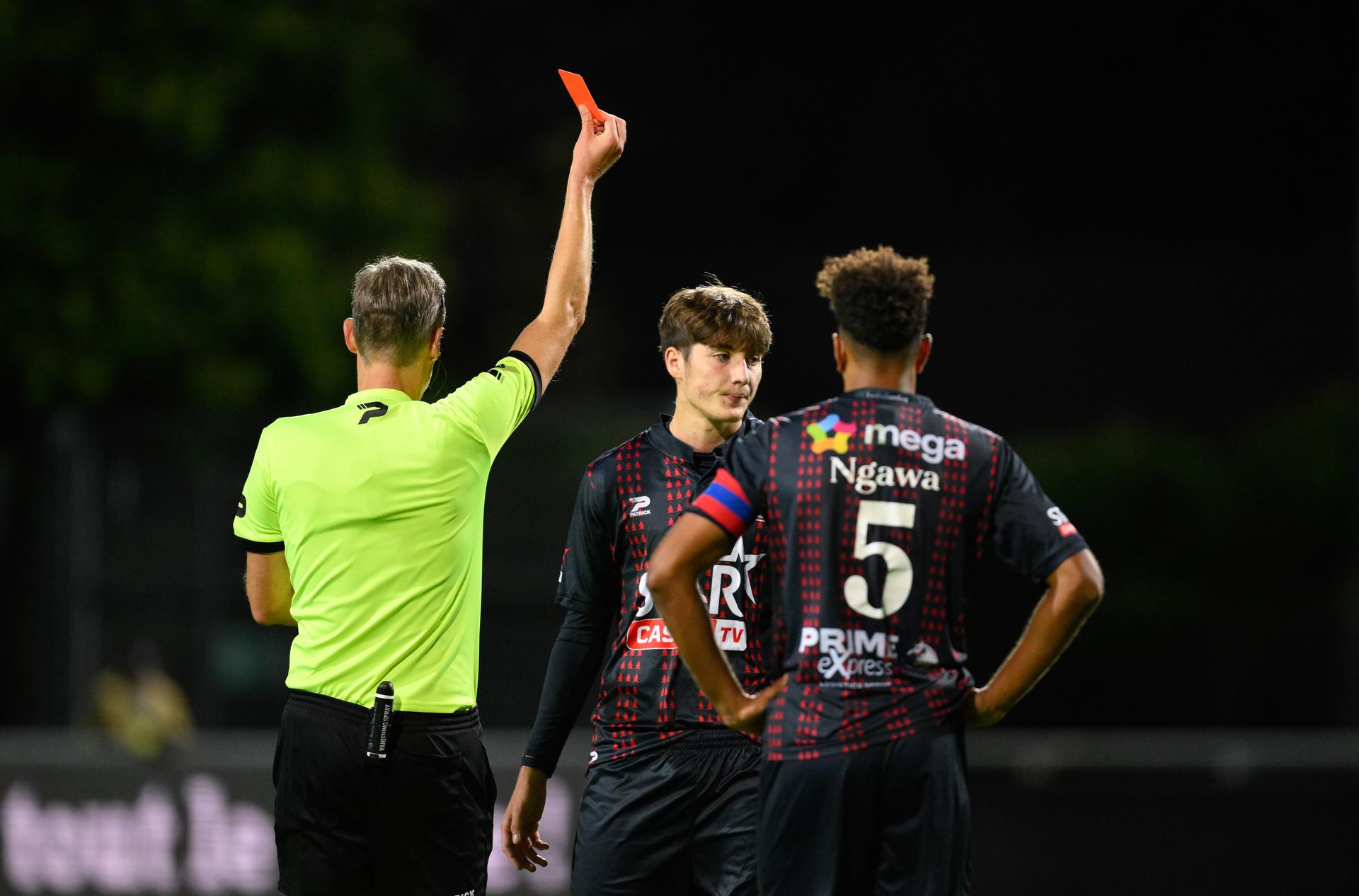 Liege's Arnold Qevani receives a red card from referee Wim Smet a soccer match between KAS Eupen and RFC Liege, Saturday 19 September 2026 in Eupen, on day 6 of the 2026-2027 'Challenger Pro League' second division of the Belgian championship. BELGA PHOTO JOHN THYS