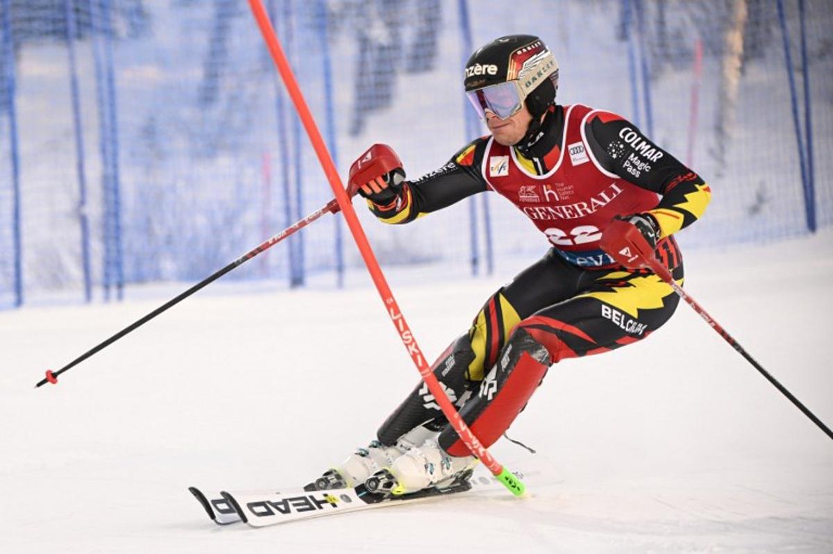 Belgium's Armand Marchant competes during the first run of the men's slalom event of the FIS Alpine Skiing World Cup at the Levi Ski Centre in Kittila, Finland on November 16, 2025.  Roni Rekomaa / Lehtikuva / AFP