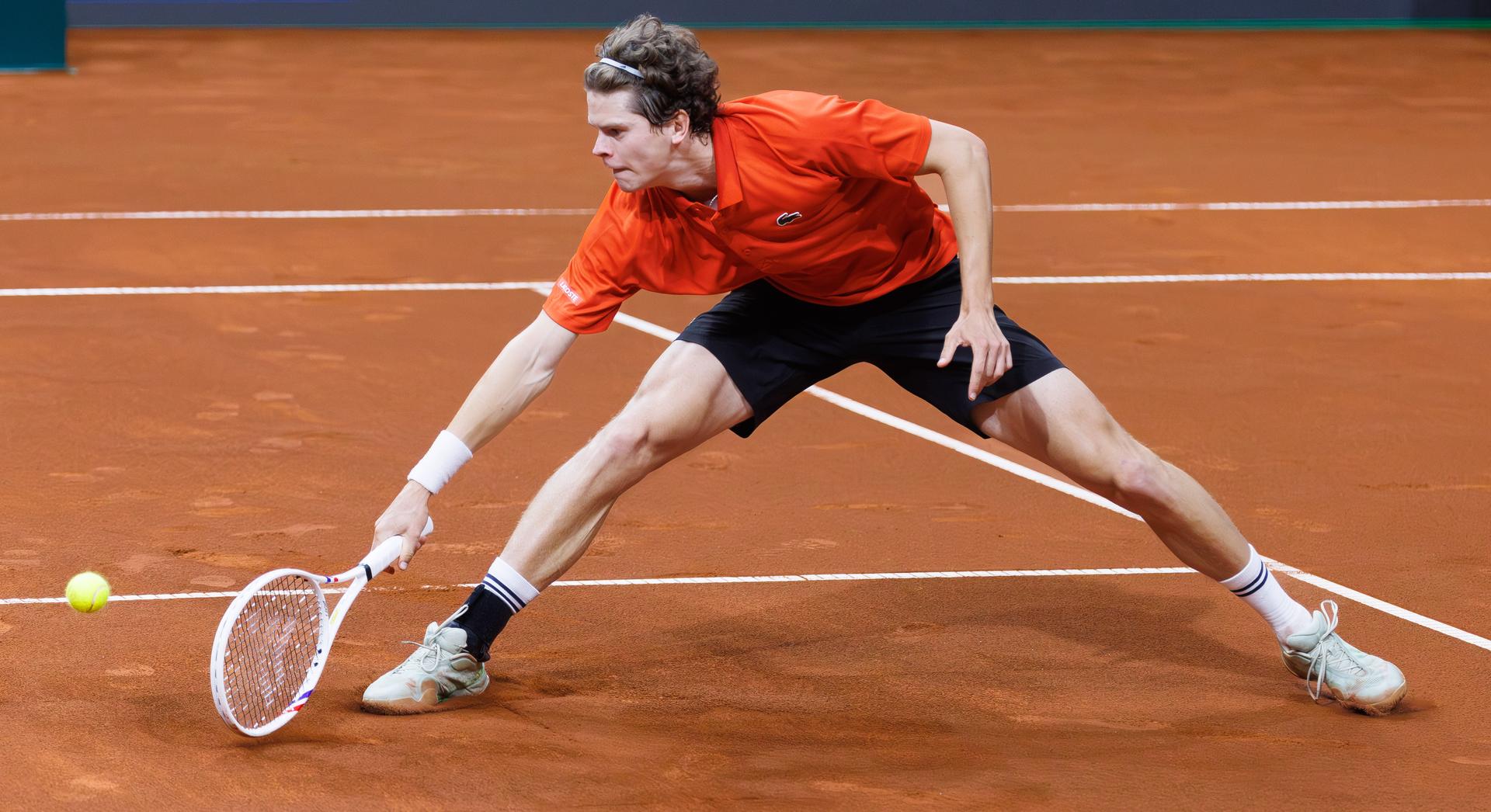 Belgian Alexander Blockx pictured in action during a tennis match against Bulgarian Radulov, during the qualifier of the Davis Cup on Saturday 07 February 2026, in Plovdiv, Bulgaria. Belgium will compete this weekend in the Davis Cup qualifiers against Bulgaria. BELGA PHOTO BENOIT DOPPAGNE