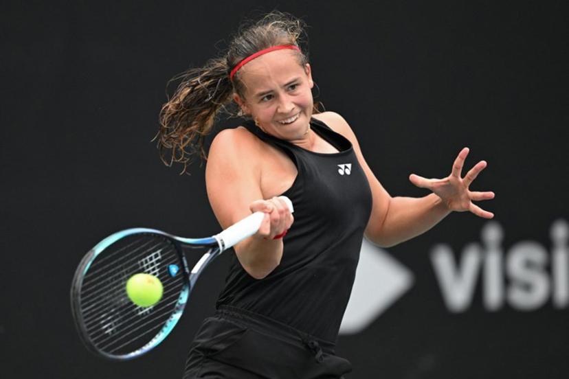 Belgium's Hanne Vandewinkel hits a return to China's Wei Sijia during their women's singles match at the Billie Jean King Cup tennis play-offs at the Guangzhou Nansha International Tennis Center in Guangzhou, in south China's Guangdong province on November 17, 2024.  STR / AFP