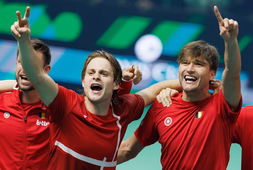 Belgian Zizou Bergs and Belgian Raphael Collignon celebrate after a tennis match between Belgian Bergs and French Rinderknech, the second match of the Davis Cup quarter-finals between Belgium and France, in Bologna, Italy, on Tuesday 18 November 2025. Davis Cup top eight Finals takes place in Bologna from November 18 to 23. BELGA PHOTO BENOIT DOPPAGNE