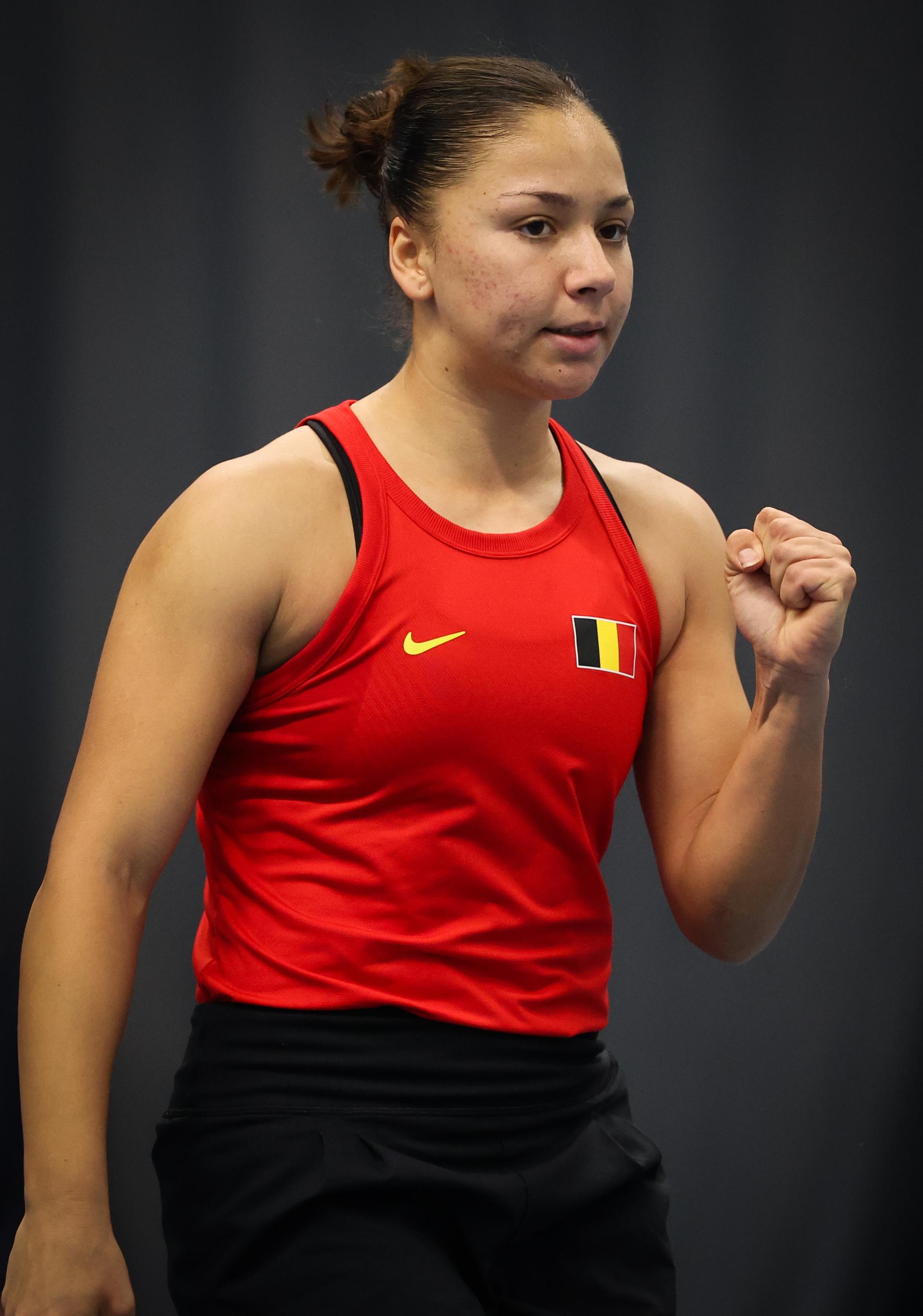 Belgian Sofia Costoulas celebrates during a tennis match between Belgian Costoulas and Hungarian Toth, in the meeting between Belgium and Hungary in the pool phase of the Europe/Africa Group I of the Billie Jean King Cup tennis, in Vilnius, Lithuania on Wednesday 09 April 2025. PHOTO VIRGINIE LEFOUR PHOTO VIRGINIE LEFOUR