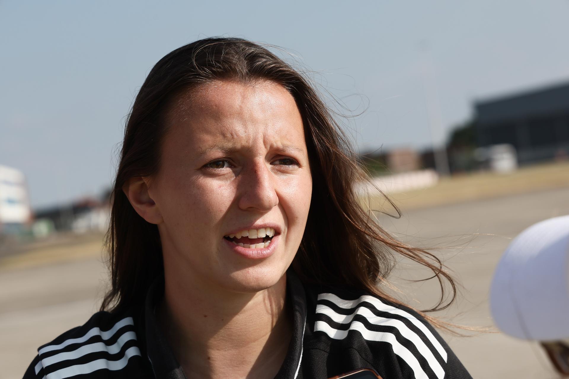 Belgium's Hannah Eurlings pictured during the departure of Belgian national soccer team The Red Flames, traveling from Brussels Airport in Zaventem towards Switzerland for the European Championships on Sunday 29 June 2025. The Flames will be playing the UEFA Women's Euro 2025 tournament, starting next week. BELGA PHOTO BRUNO FAHY