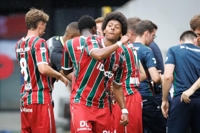 Essevee's Marley Ake celebrates after scoring during a soccer match between Zulte Waregem and KRC Genk, Sunday 9 August 2026 in Waregem, on day 1 of the 2026-2027 'Jupiler Pro League' first division of the Belgian championship. BELGA PHOTO KURT DESPLENTER