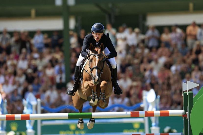 Switzerland's Steve Guerdat competes on the horse "Albfuehren's Iashin Sitte" during the Falsterbo Nations Cup 2026 international show jumping event as part of the Falsterbo Horse Show in Falsterbo, Sweden, on July 12, 2026.  Andreas Hillergren / TT / TT News Agency / AFP