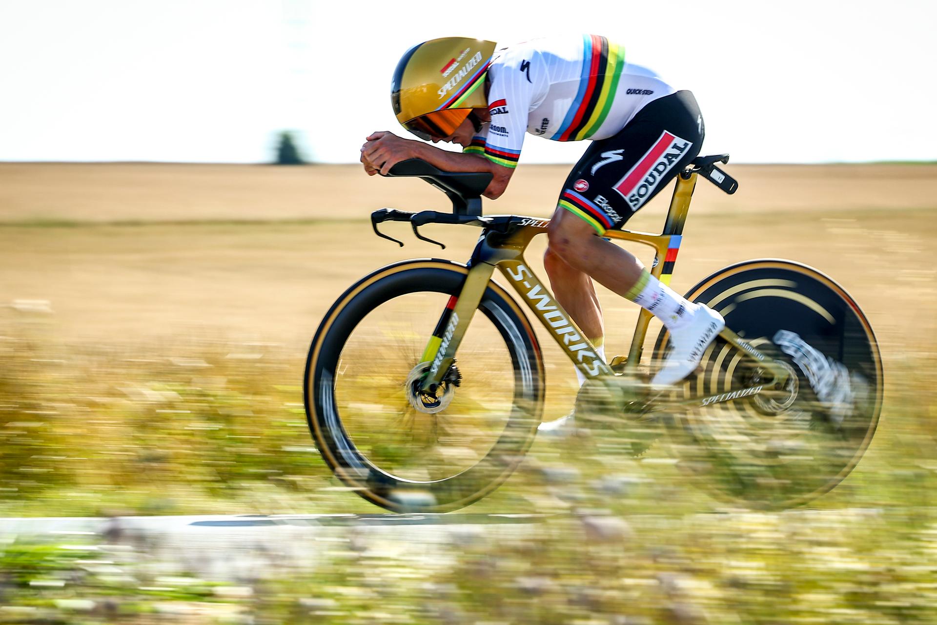 Belgian Remco Evenepoel of Soudal Quick-Step pictured in action during stage five of the 2025 Tour de France cycling, a 33km time trial in Caen, France on Wednesday 09 July 2025. The 112th edition of the Tour de France starts on Saturday 5 July in Lille, France, and will finish in Paris, France on the 27th of July. BELGA PHOTO DAVID PINTENS