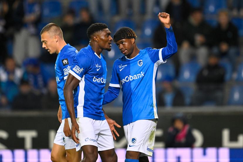 Genk's Daan Heymans; Genk's Rafiu Durosinmi and Genk's Noah Adedji-Sternberg celebrate after scoring during a soccer match between KRC Genk and KV Kortrijk, Saturday 10 October 2026 in Genk, on day 8 of the 2026-2027 'Jupiler Pro League' first division of the Belgian championship, in Genk. BELGA PHOTO JOHAN EYCKENS