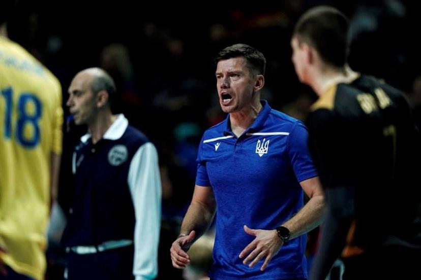Ukraine's head coach Ugis Krastins reacts during the Men's 2019 European Volleyball Championships quarter-final match between Serbia and Ukraine in Antwerp on September 24, 2019.  Kenzo TRIBOUILLARD / AFP