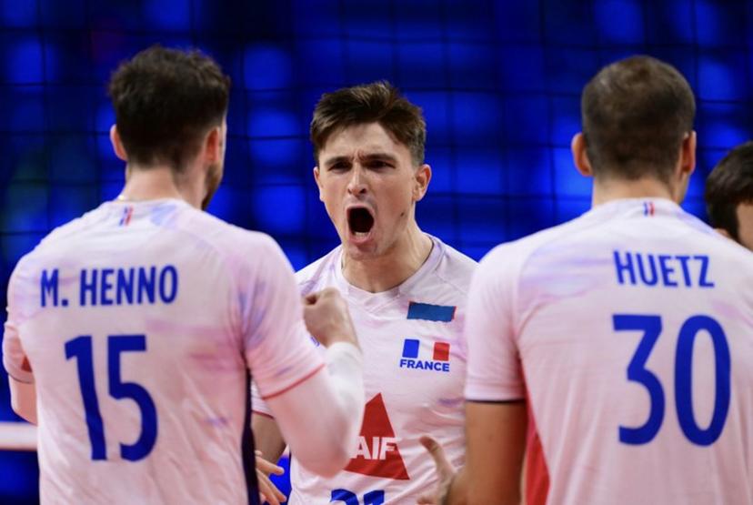 France's Opposite Hitter #21 Theo Faure celebrates after a point during the CEV EuroVolley 2026 men's semifinal volleyball match between Finland and France at the Forum of Assago, on September 25, 2026.  Marco BERTORELLO / AFP