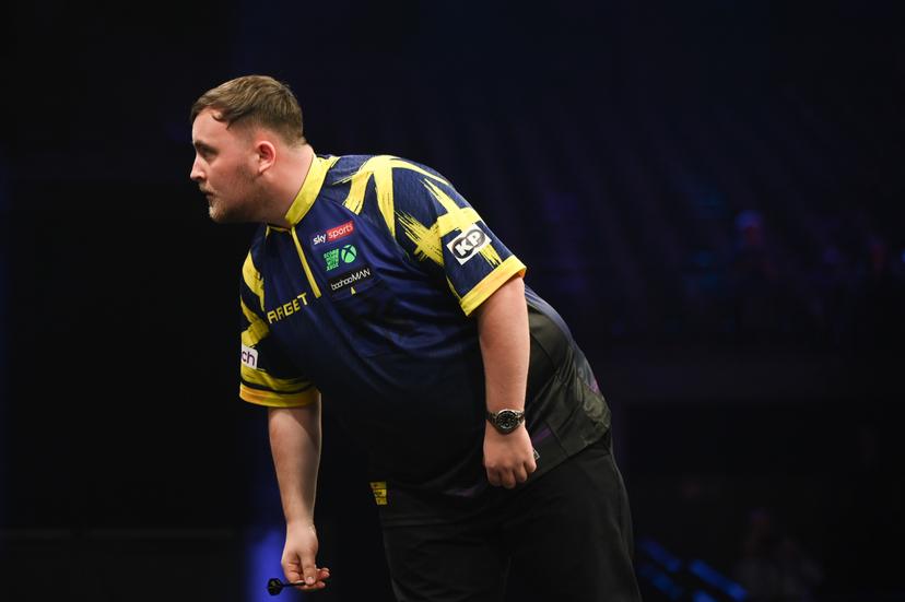English Luke Littler reacts at the Premier League (Night 2/16) darts event in Antwerp on Thursday 12 February 2026. BELGA PHOTO ELIAS ROM