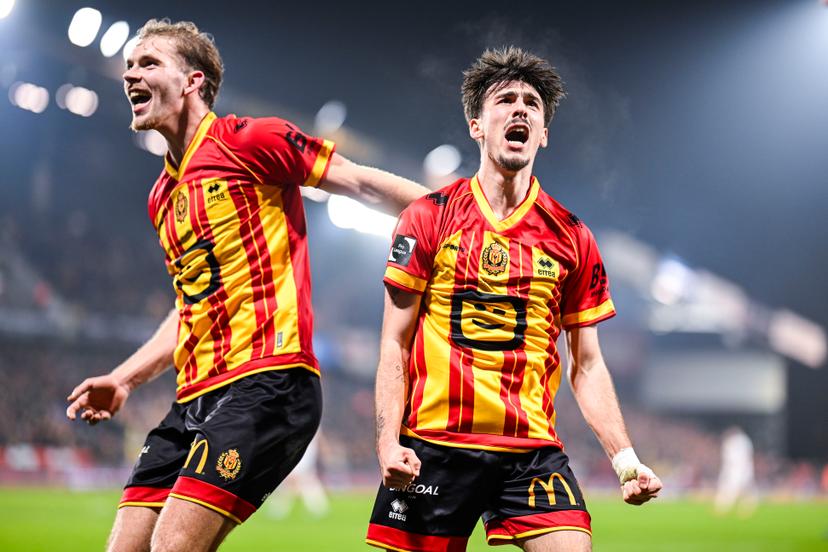 Mechelen's Keano Kiki Vanrafelghem celebrates after scoring during a soccer match between KV Mechelen and Royal Antwerp FC, Sunday 08 February 2026 in Mechelen, on day 24 of the 2025-2026 'Jupiler Pro League' first division of the Belgian championship. BELGA PHOTO TOM GOYVAERTS