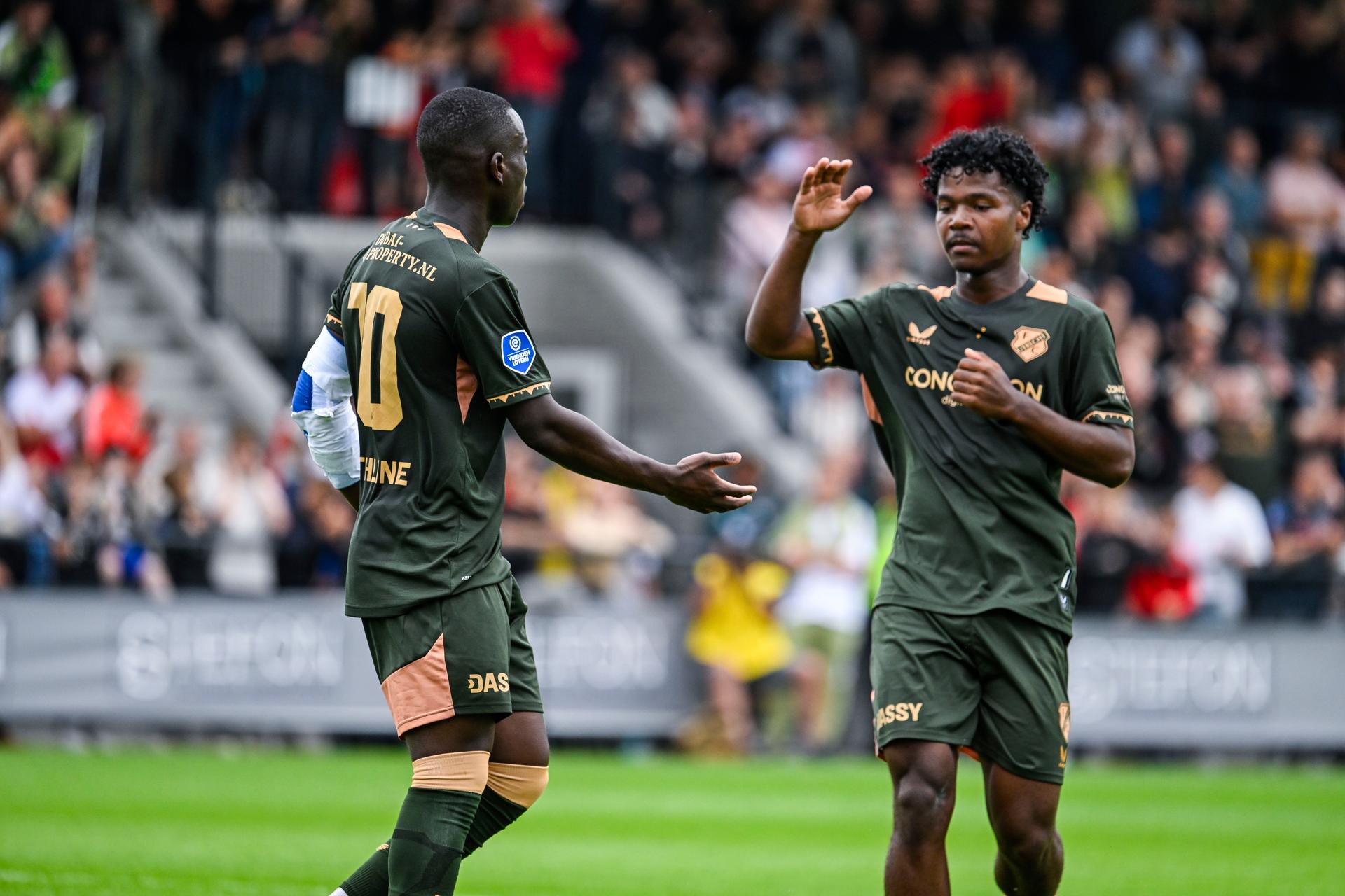 FC Utrecht's Yoann Cathline celebrates after scoring during a friendly soccer game between Dutch team FC Utrecht and Belgian team Cercle Brugge, Saturday 05 July 2025 Utrecht, Netherlands, in preparation of the upcoming 2025-2026 season. BELGA PHOTO TOM GOYVAERTS