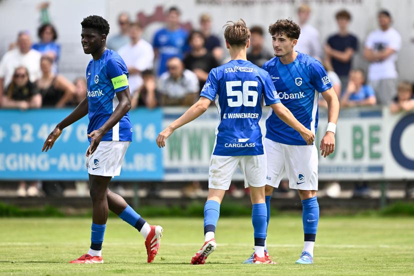 Genk's Josue Ndenge Kongolo, Genk's De Wannemacker August Jan and Genk's Robin Mirisola celebrate after scoring during a friendly game between Eendracht Termien and KRC Genk, Saturday 28 June 2025 in Genk, in preparation of the upcoming 2025-2026 season. BELGA PHOTO JOHAN EYCKENS