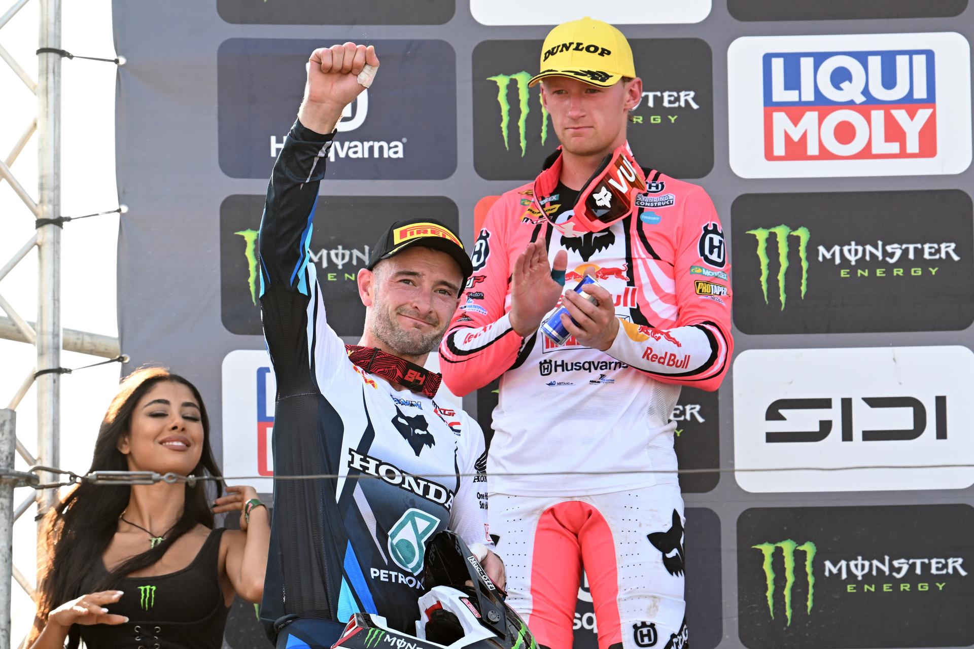 Dutch Jeffrey Herlings celebrates on the podium after winning the motocross MXGP Grand Prix Flanders, race 14/20 of the FIM Motocross World Championship, Sunday, August 2, 2026, in Lommel. BELGA PHOTO JILL DELSAUX