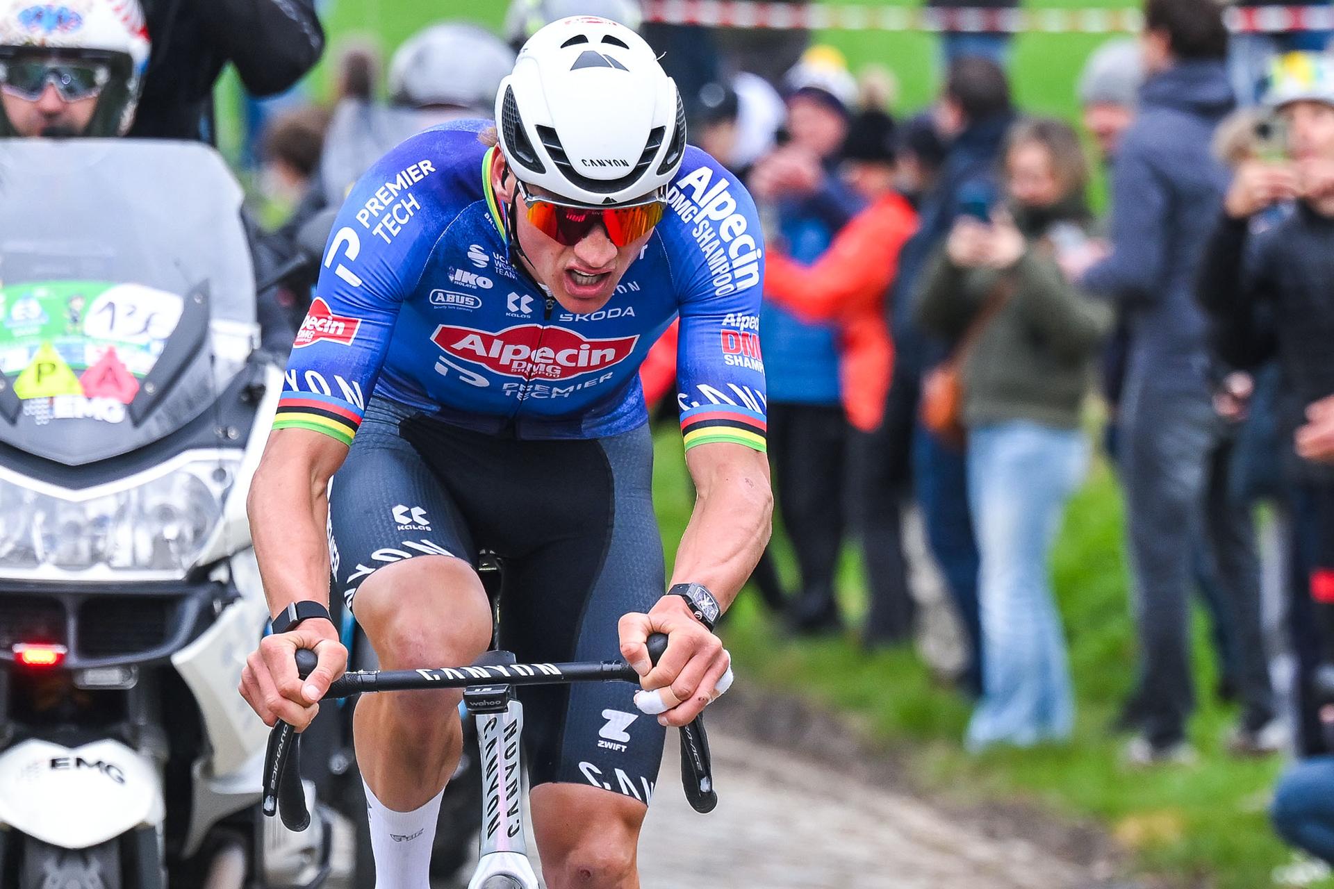 Dutch Mathieu van der Poel of Alpecin-Premier Tech pictured in action during the 'E3 Saxo Bank Classic' one day cycling race, 208,8km from and to Harelbeke, on Friday 27 March 2026. BELGA PHOTO POOL TIM DE WAELE
