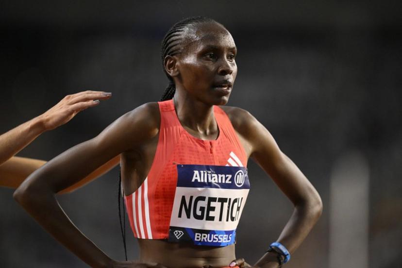 Kenya's Agnes Jebet Ngetich reacts after winning the Women's 5000m event of the Diamond League athletics meeting at the King Baudouin Stadium in Brussels on August 22, 2025.  JOHN THYS / AFP