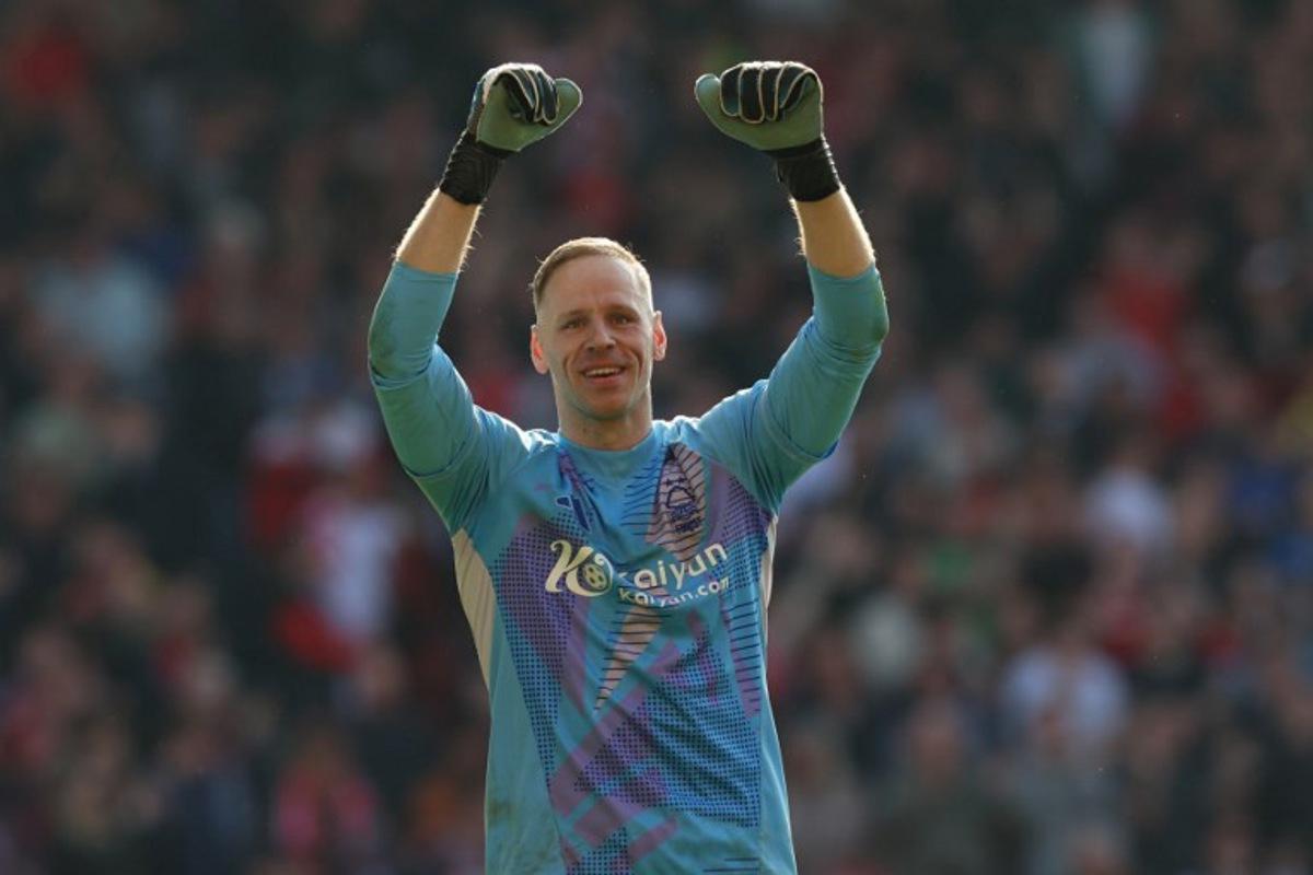 Nottingham Forest's Belgian goalkeeper #26 Matz Sels celebrates after the English Premier League football match between Nottingham Forest and Manchester City at The City Ground in Nottingham, central England, on March 8, 2025. Forest won the game 1-0. Darren Staples / AFP