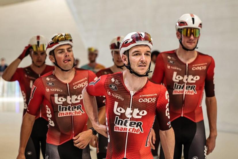 Team Lotto Intermarché's riders arrive at the Zayed National Museum ahead of the seventh and final stage of the UAE Tour cycling event from Zayed National Museum to Abu Dhabi Breakwater in Abu Dhabi on February 22, 2026.  Fadel SENNA / AFP