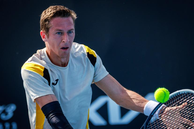 Belgium's Kimmer Coppejans pictured in action during a third round qualifying match in the men's singles against USA's Svajda at the Australian Open, Melbourne Park, Melbourne on Thursday 15 January 2026.  BELGA PHOTO PATRICK HAMILTON  --- BENELUX ONLY   ---