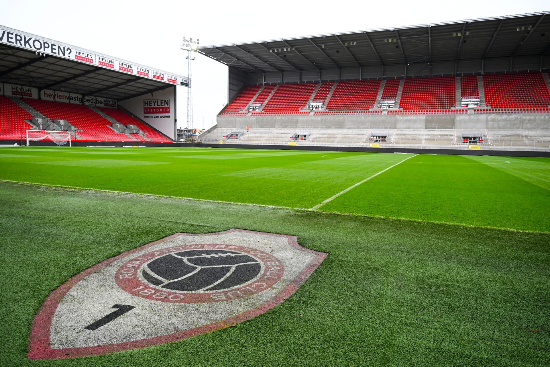 Detail picture of the club crest at a press event to mark the opening of the new Tribune 2 stand at Royal Antwerp FC's Bosuil Stadium, on Sunday 07 December 2025 in Antwerp. The stand is already sold out for the match against KRC Genk. BELGA PHOTO TOM GOYVAERTS