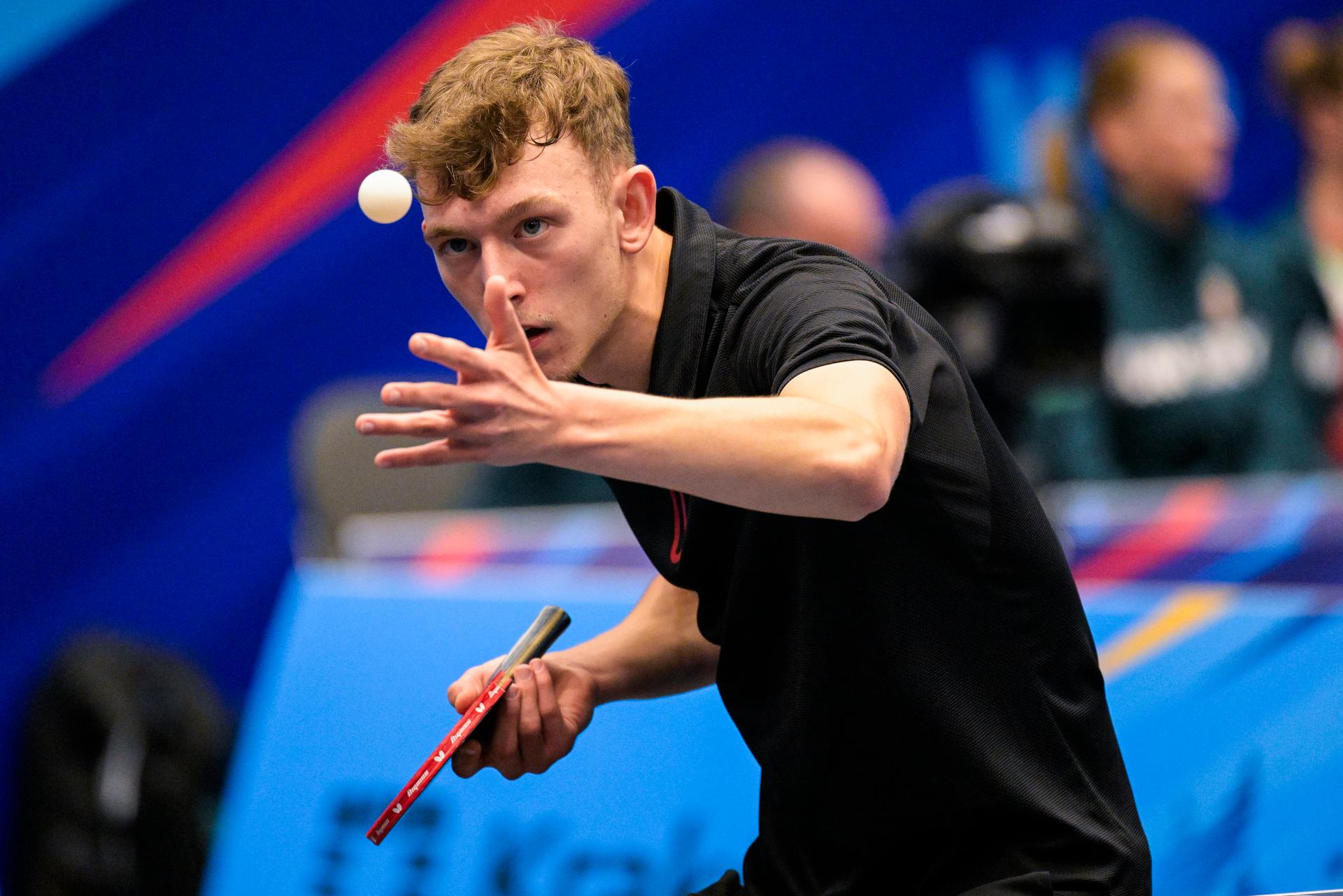 Table Tennis player Adrien Rassenfosse pictured in action during a match in the Men's Team Quarterfinal between Belgium and Germany, in the Table Tennis competition at the European Games in Krakow, Poland on Thursday 29 June 2023. The 3rd European Games, informally known as Krakow-Malopolska 2023, is a scheduled international sporting event that will be held from 21 June to 02 July 2023 in Krakow and Malopolska, Poland. BELGA PHOTO LAURIE DIEFFEMBACQ