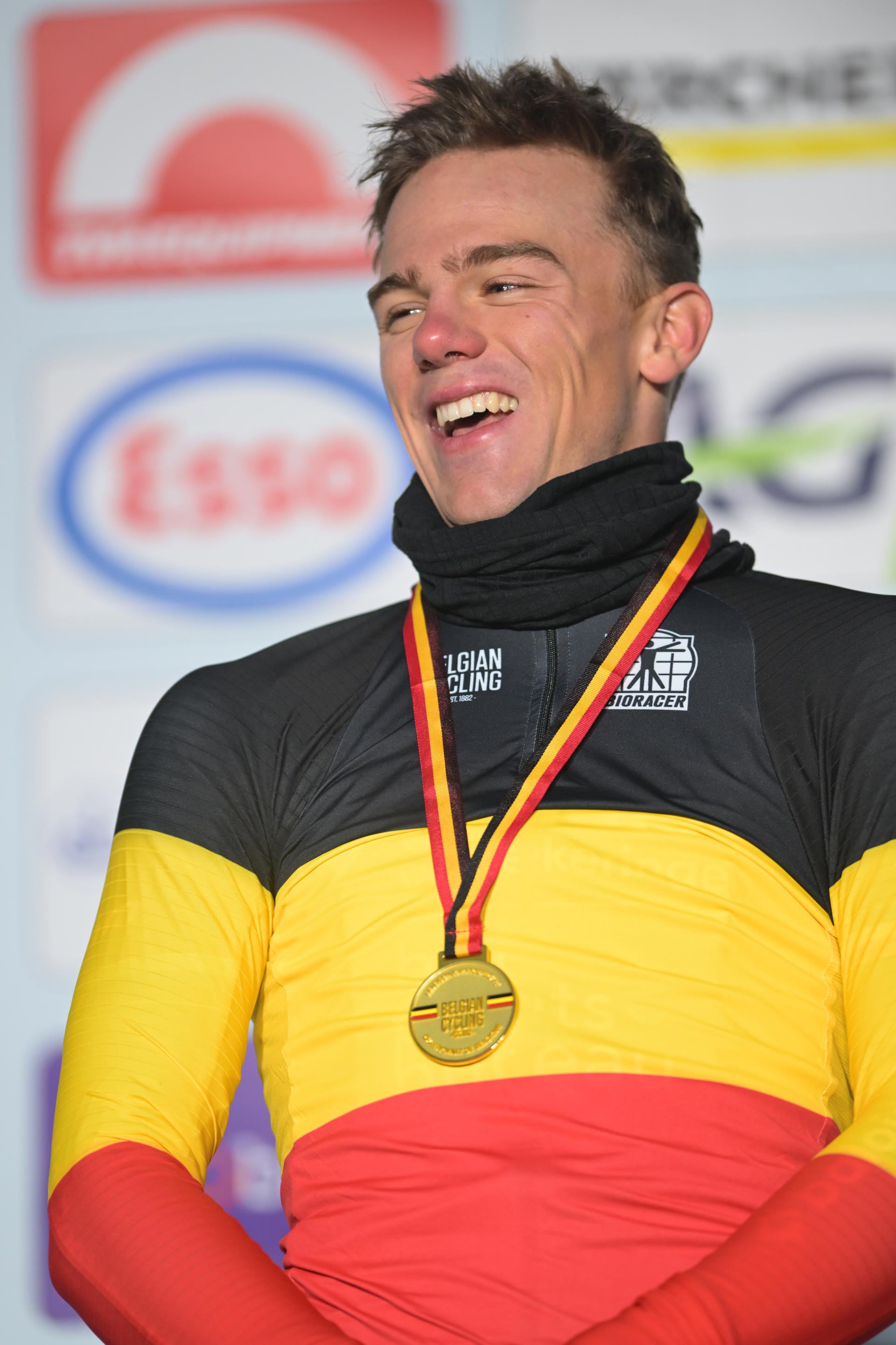 Belgian Thibau Nys celebrates on the podium after winning the Elite men race at the Belgian Cyclocross Championships in Beringen on Sunday 11 January 2026. BELGA PHOTO DAVID PINTENS