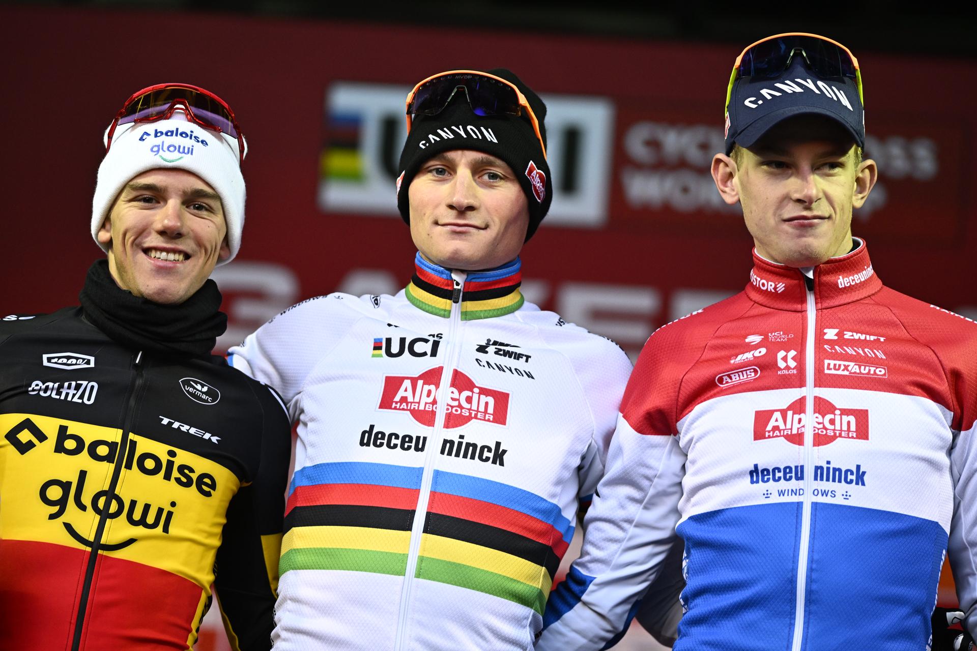 Belgian Thibau Nys, Dutch Mathieu Van Der Poel and Dutch Tibor Del Grosso pictured on the podium after the men's elite race of the World Cup cyclocross cycling event in Gavere on Friday 26 December 2025, stage 7 (out of 12) of the UCI World Cup competition. BELGA PHOTO JASPER JACOBS
