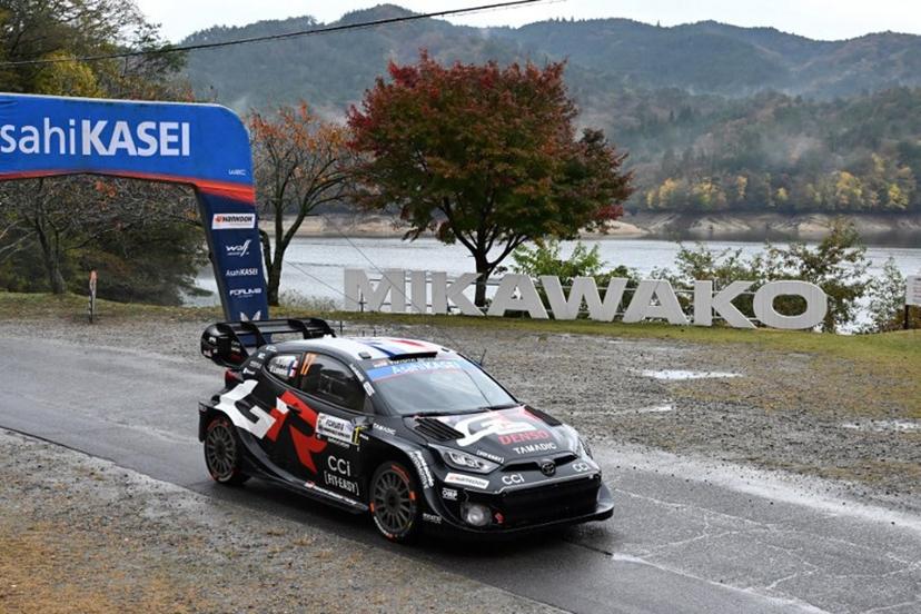 Sebastien Ogier and his co-driver Vincent Landais of France drive their Toyota GR Yaris Rally1　during the SS16 Lake Mikawako section of the Rally Japan, the 13th round of the FIA World Rally Championships, in Toyota city, Aichi prefecture on November 9, 2025.  Toshifumi KITAMURA / AFP
