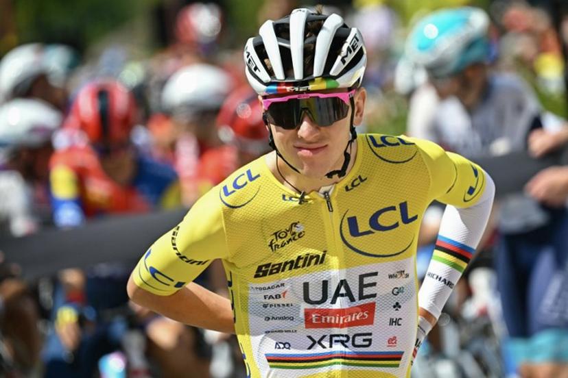 UAE Team Emirates - XRG team's Slovenian rider Tadej Pogacar wearing the overall leader's yellow jersey awaits the start of the 18th stage of the 112th edition of the Tour de France cycling race, 171.5 km between Vif and Courchevel Col de la Loze, in the Alps, southeastern France, on July 24, 2025.  Loic VENANCE / AFP