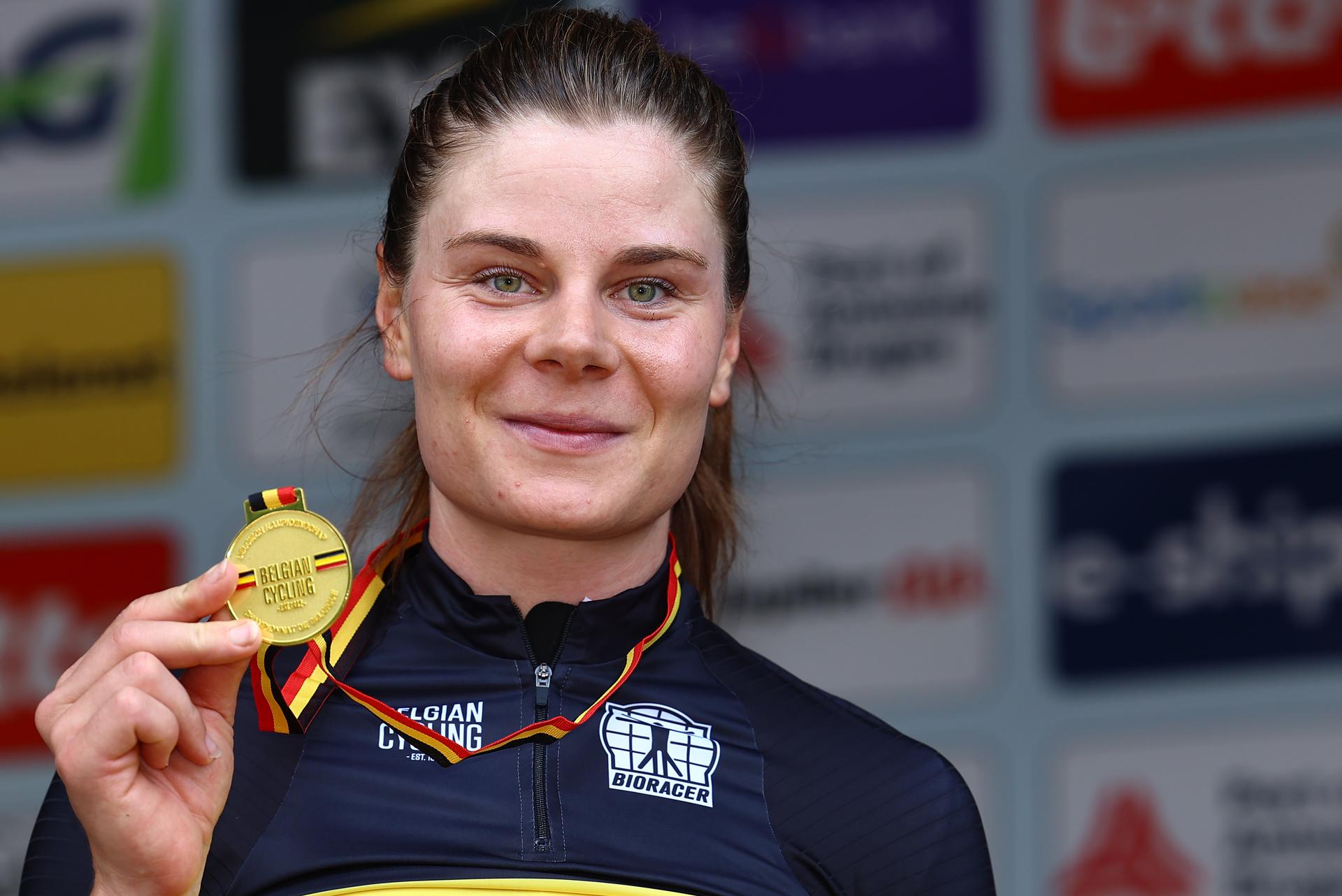 Belgian Lotte Kopecky of SD Worx-Protime pictured on the podium after winning the women's elite individual time trial of the Belgian Cycling Championships, 20,1km, in Brasschaat, on . BELGA PHOTO DAVID PINTENS