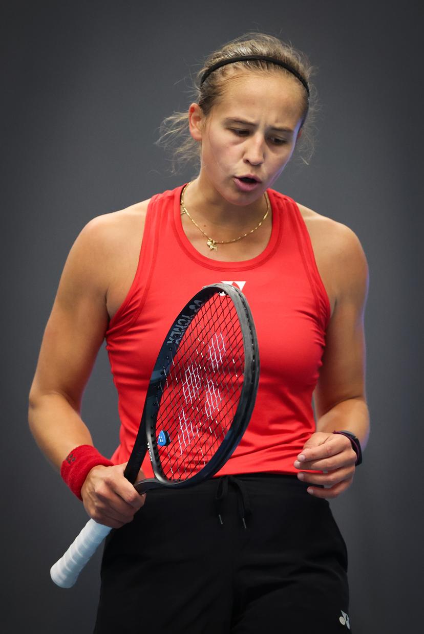 Belgian Hanne Vandewinkel celebrates during a tennis match against Greek Grammatikopoulou, in the qualifiers of the Billie Jean King Cup tennis, in Vilnius, Lithuania on Tuesday 08 April 2025. PHOTO VIRGINIE LEFOUR