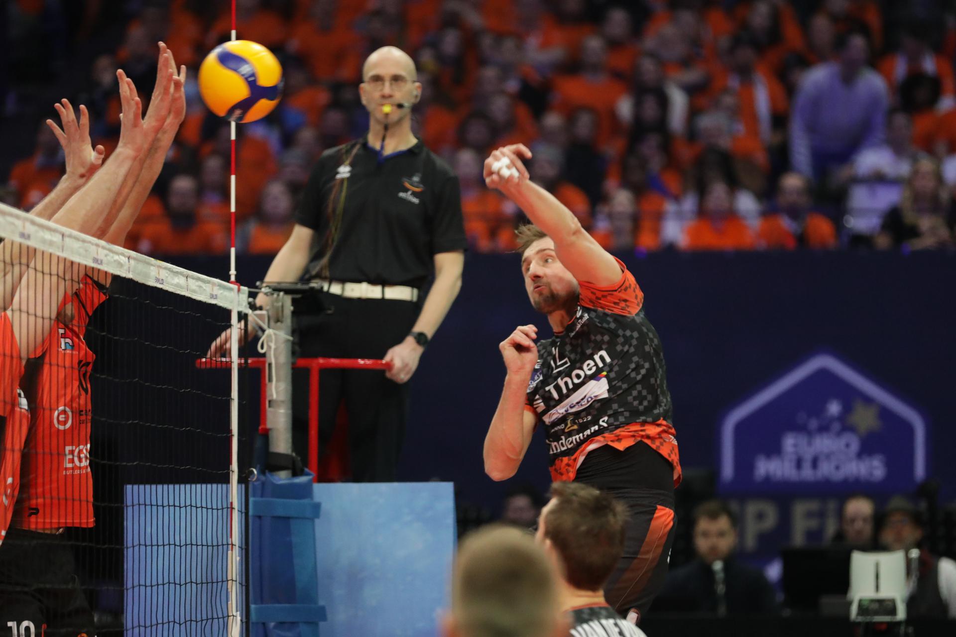 Kamil Droszynski pictured during the match between Caruur Volley Gent and Lindemans Aalst, the final match in the men Belgian volleyball cup competition, Sunday 27 February 2022 in Merksem, Antwerp. BELGA PHOTO MARIJN DE KEYZER