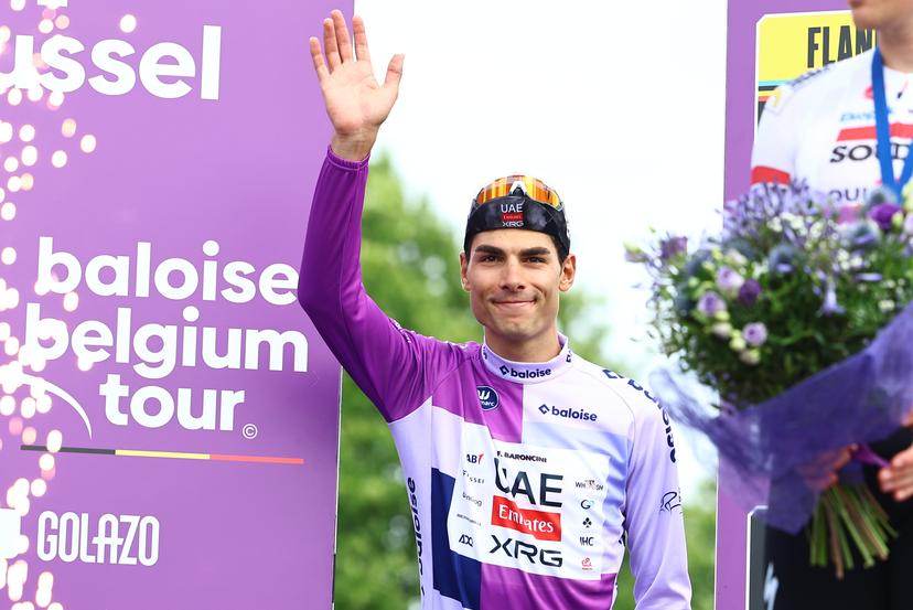 Italian Filippo Baroncini of UAE Team Emirates pictured on the podium after stage 5, the last stage of the Baloise Belgium Tour cycling race, from and to Brussels (183,2 km), Sunday 22 June 2025. The Baloise Belgium Tour takes place from 18 to 22 June. BELGA PHOTO DAVID PINTENS