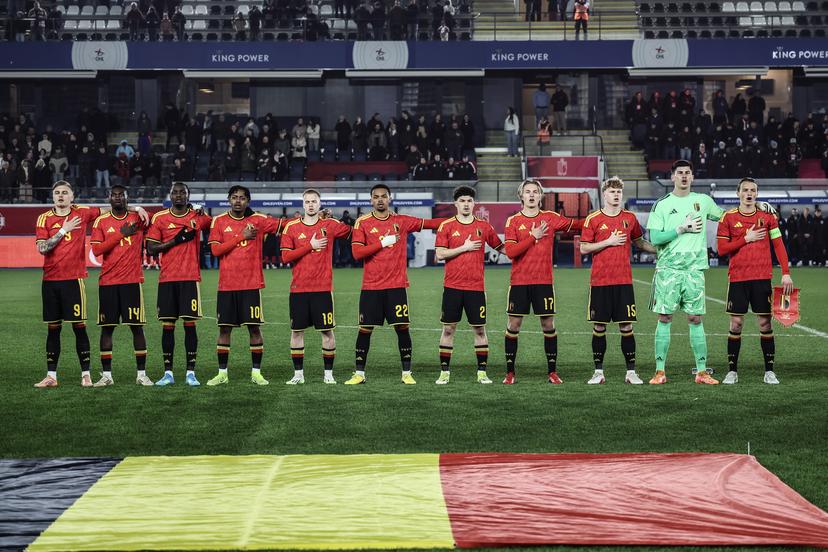 Belgium's players pictured at the start of a game of the Belgian national soccer team Red Devils U21 against Austria, on the day 8 of the qualifications in the group I for the 2027 Euro, in Leuven, Friday 27 March 2026. BELGA PHOTO BRUNO FAHY