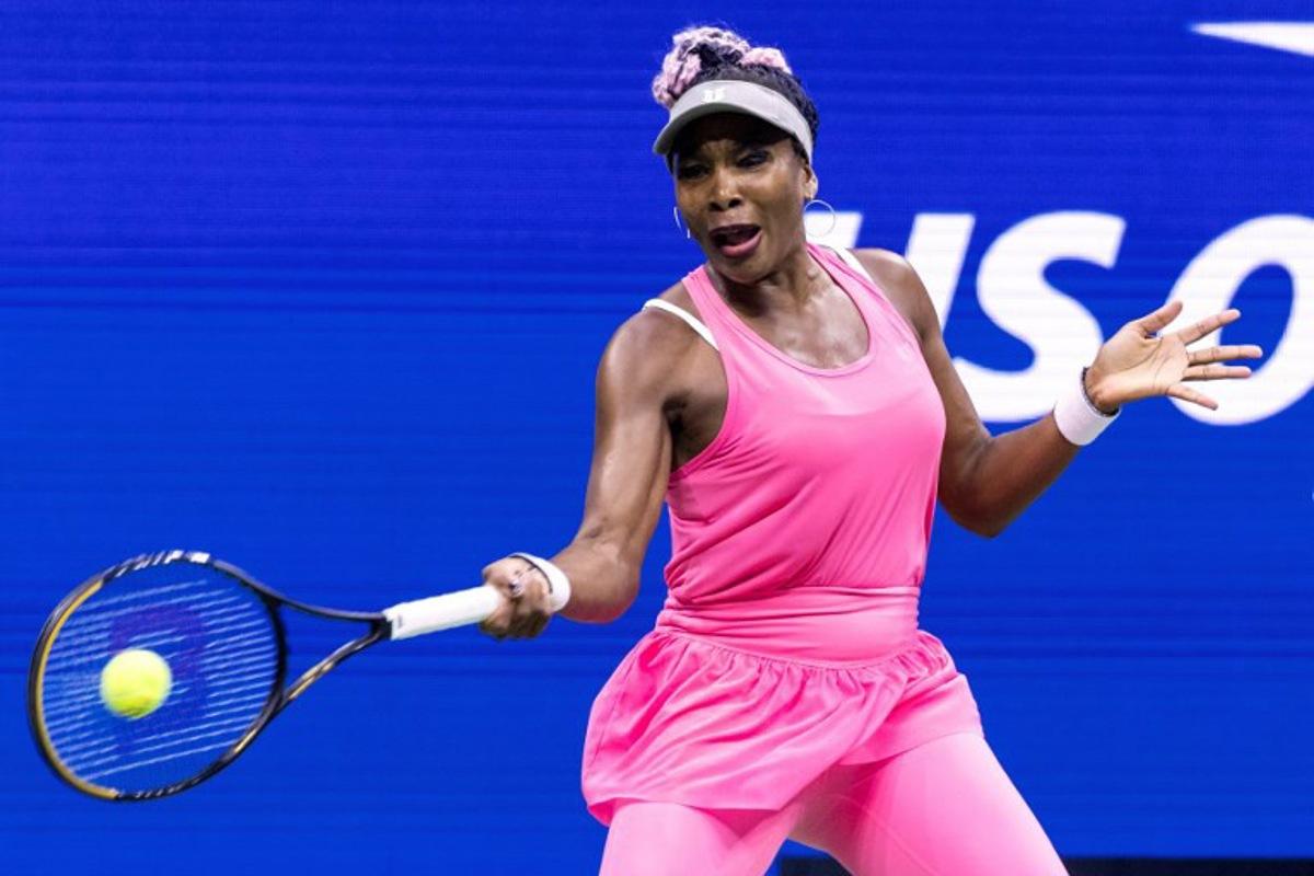 USA's Venus Williams plays a forehand return against Belgium's Greet Minnen during the US Open tennis tournament women's singles first round match at the USTA Billie Jean King National Tennis Center in New York City, on August 29, 2023.  COREY SIPKIN / AFP