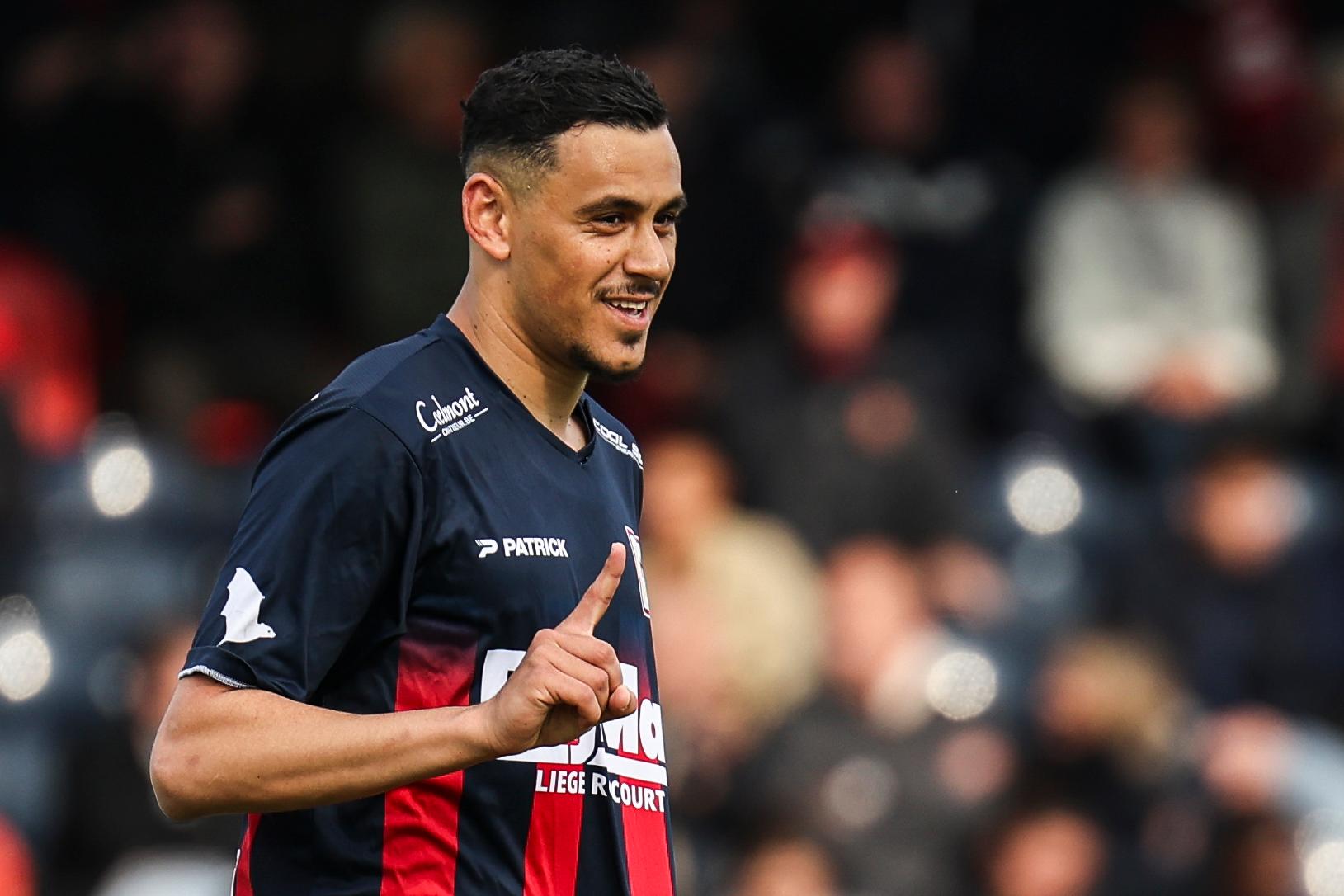 Liege's Zakaria Atteri celebrates after the 3:0 goal during a soccer match between RFC Liege and Jong Genk, Sunday 13 April 2025 in Liege, on day 29 of the 2024-2025 'Challenger Pro League' 1B second division of the Belgian championship. BELGA PHOTO NATACHA FREISEN