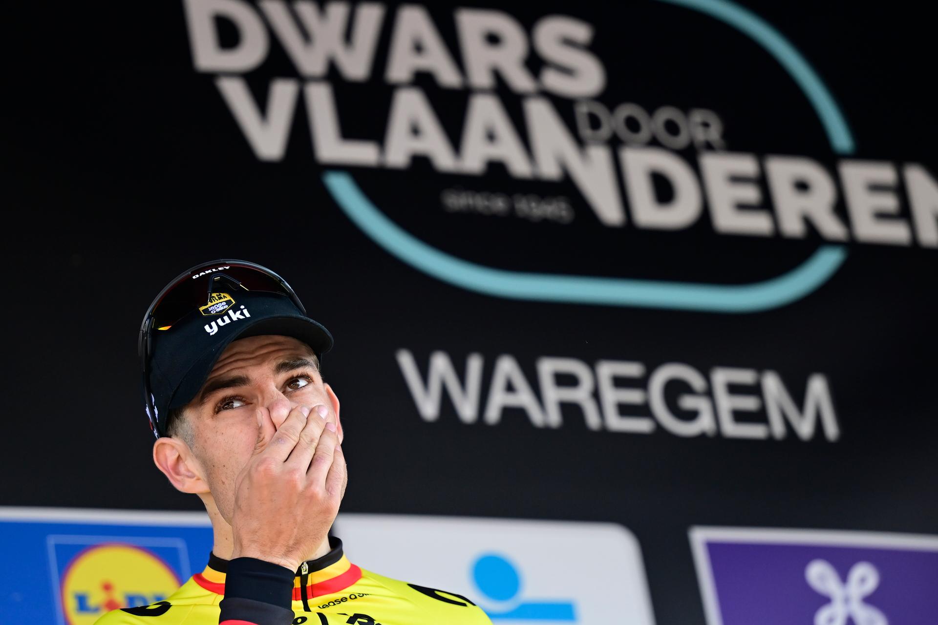 Belgian Wout van Aert of Team Visma-Lease a Bike pictured on the podium after the men elite race of the 'Dwars Door Vlaanderen' cycling event, 184,2km from Roeselare to Waregem, Wednesday 02 April 2025. BELGA PHOTO DIRK WAEM