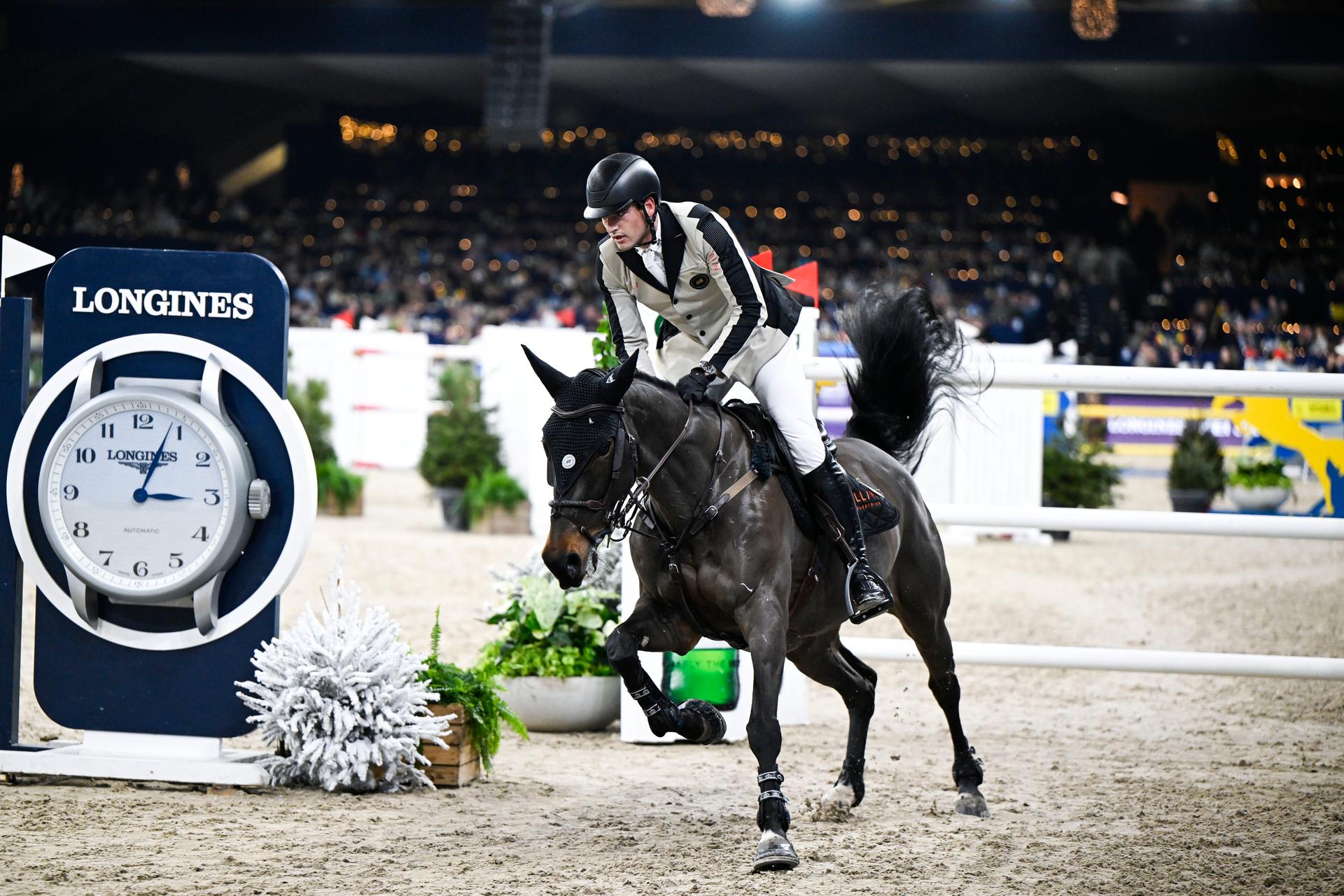 Belgian Nicola Philippaerts with Katanga v.H Dingeshof pictured in action during the FEI World Cup Jumping competition at the 'Vlaanderens Kerstjumping - Memorial Eric Wauters' equestrian event in Mechelen on Monday 30 December 2024. BELGA PHOTO TOM GOYVAERTS