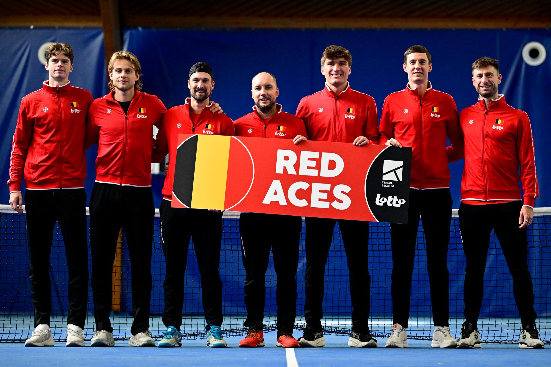 Belgian Alexander Blockx, Belgian Zizou Bergs, Belgian assistant coach Ruben Bemelmans, Belgian captain Steve Darcis, Belgian Raphael Collignon, Belgian Joran Vliegen and Belgian Sander Gille pictured after an open training session of the Belgian Davis Cup team ahead of the Davis Cup Finals (November 18-23), in Wilrijk, on Wednesday 12 November 2025. BELGA PHOTO DIRK WAEM