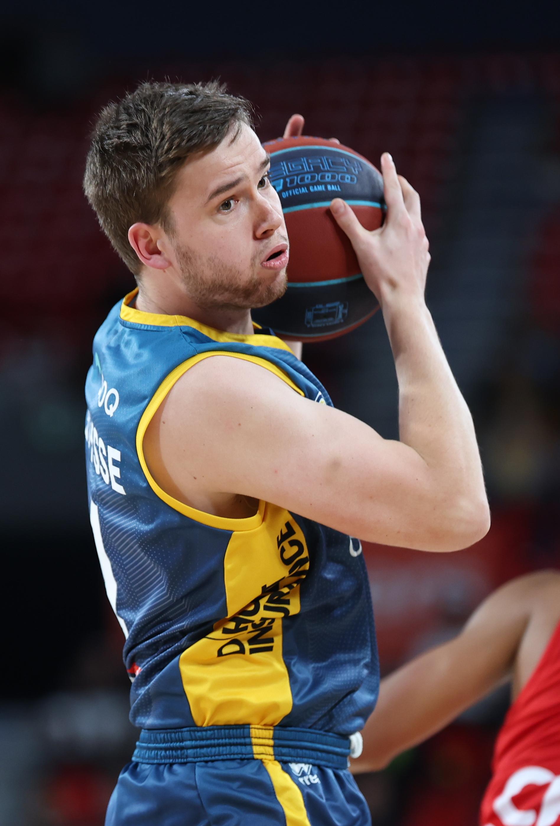 Oostende's Simon Buysse pictured during a basketball match between Spirou Charleroi and BC Oostende, Friday 23 October 2026 in Charleroi, on day 4 of the 'BNXT League' Belgian and Dutch first division basket championship. BELGA PHOTO VIRGINIE LEFOUR