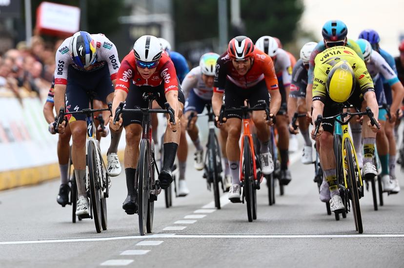 Belgian Jordi Meeus of RedBull-BORA-hansgrohe, Belgian Arnaud De Lie of Lotto Cycling Team and British James Matthew Brennan of Team Visma-Lease a Bike sprint to the finish of the Super 8 Classic one day cycling race 200,7km from Brakel to Boortmeerbeek, on Saturday 20 September 2025.  BELGA PHOTO DAVID PINTENS