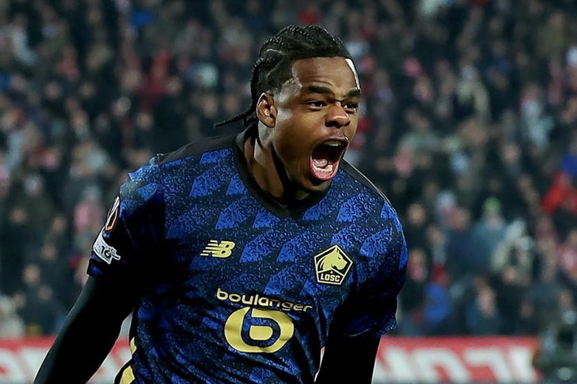 Lille's Belgian defender #03 Nathan Ngoy celebrates celebrates scoring his team's second goal during the UEFA Europa League - knockout round play-off second leg - football match between FK Crvena Zvezda Beograd (Red Star Belgrade) and LOSC Lille at the "Rajko Mitic" stadium in Belgrade on February 26, 2026.  Pedja Milosavljevic / AFP