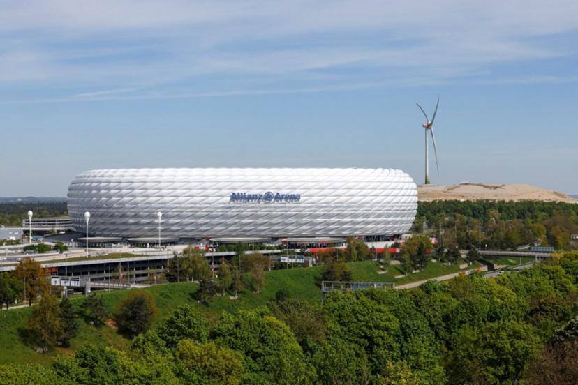 This photo taken on April 28, 2026 shows the Allianz Arena, home stadium of FC Bayern Munich, in Munich, Bavaria, southern Germany, as seen from a platform of a wastewater treatment plant.   Michaela STACHE / AFP