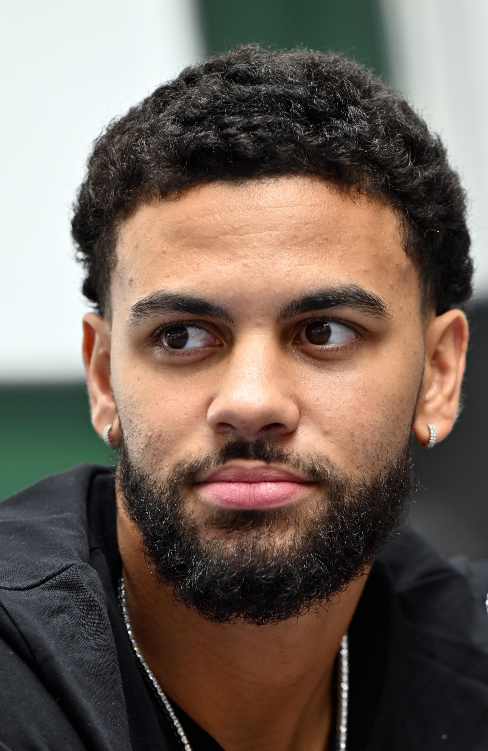 Ajay Mitchell pictured during a press conference regarding the NBA US basketball competition on Wednesday 30 July 2025 in Ans. Oklahoma City Thunder, featuring Belgian point guard Mitchell, won the league. BELGA PHOTO ERIC LALMAND